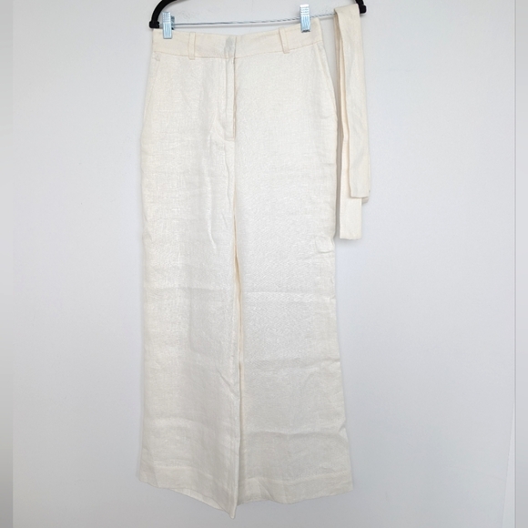 Zimmermann 100% Linen High Waist Wide-Leg Cream Trouser Pants w